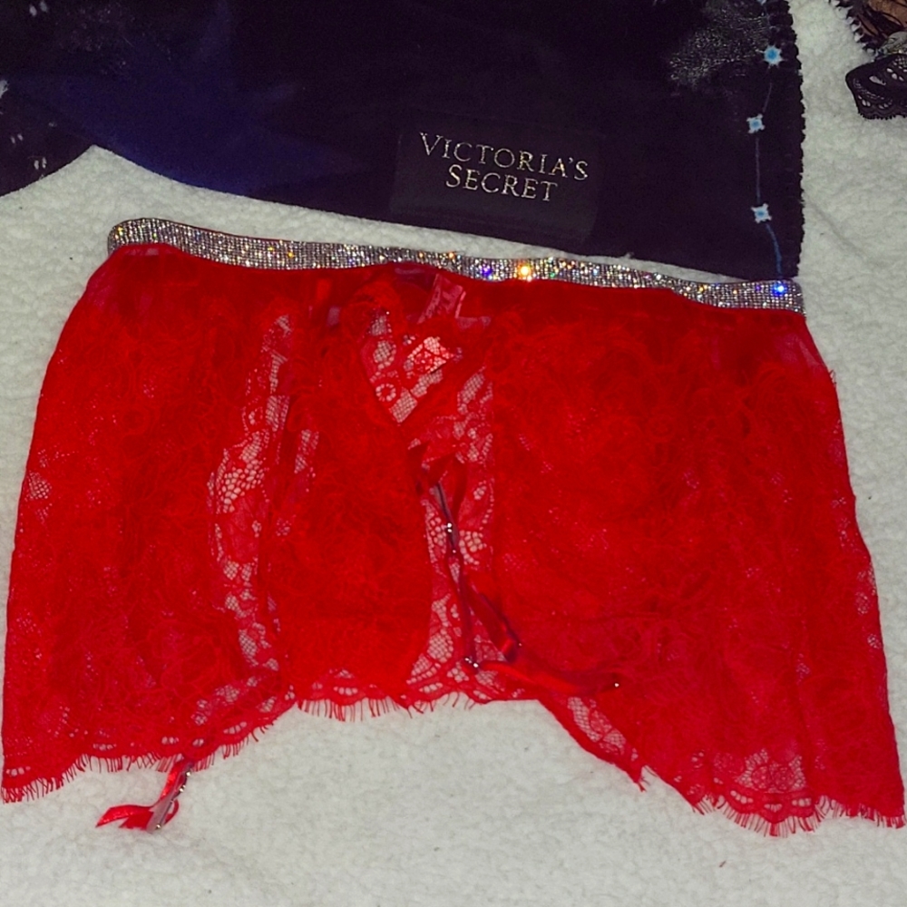 Red Lace Rhinestone Garter XS/S & M/L Victoria's Secret NWT